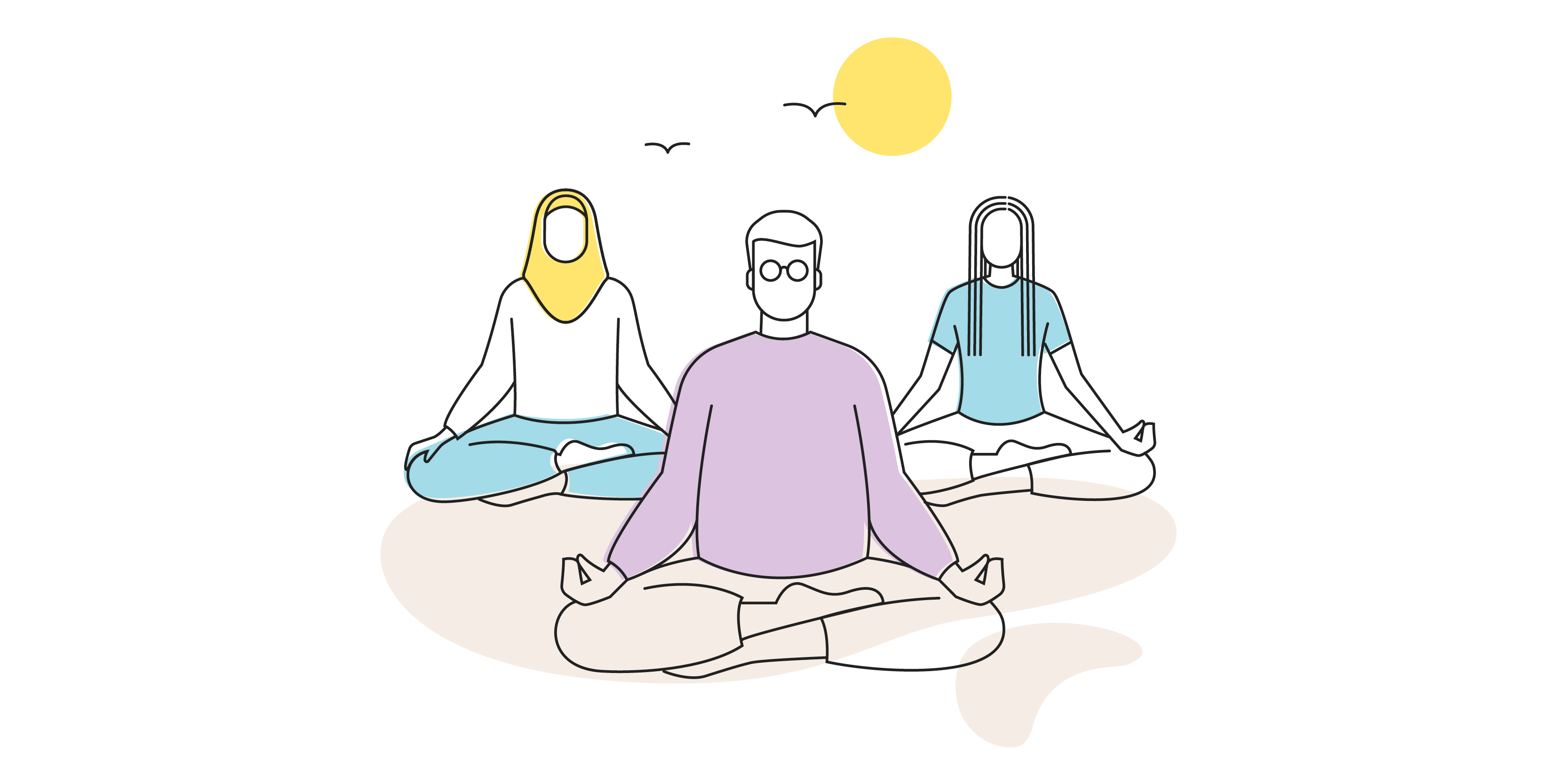 Graphic of three staff members outside in the sunshine, sitting in peaceful positions focusing on their breathing.