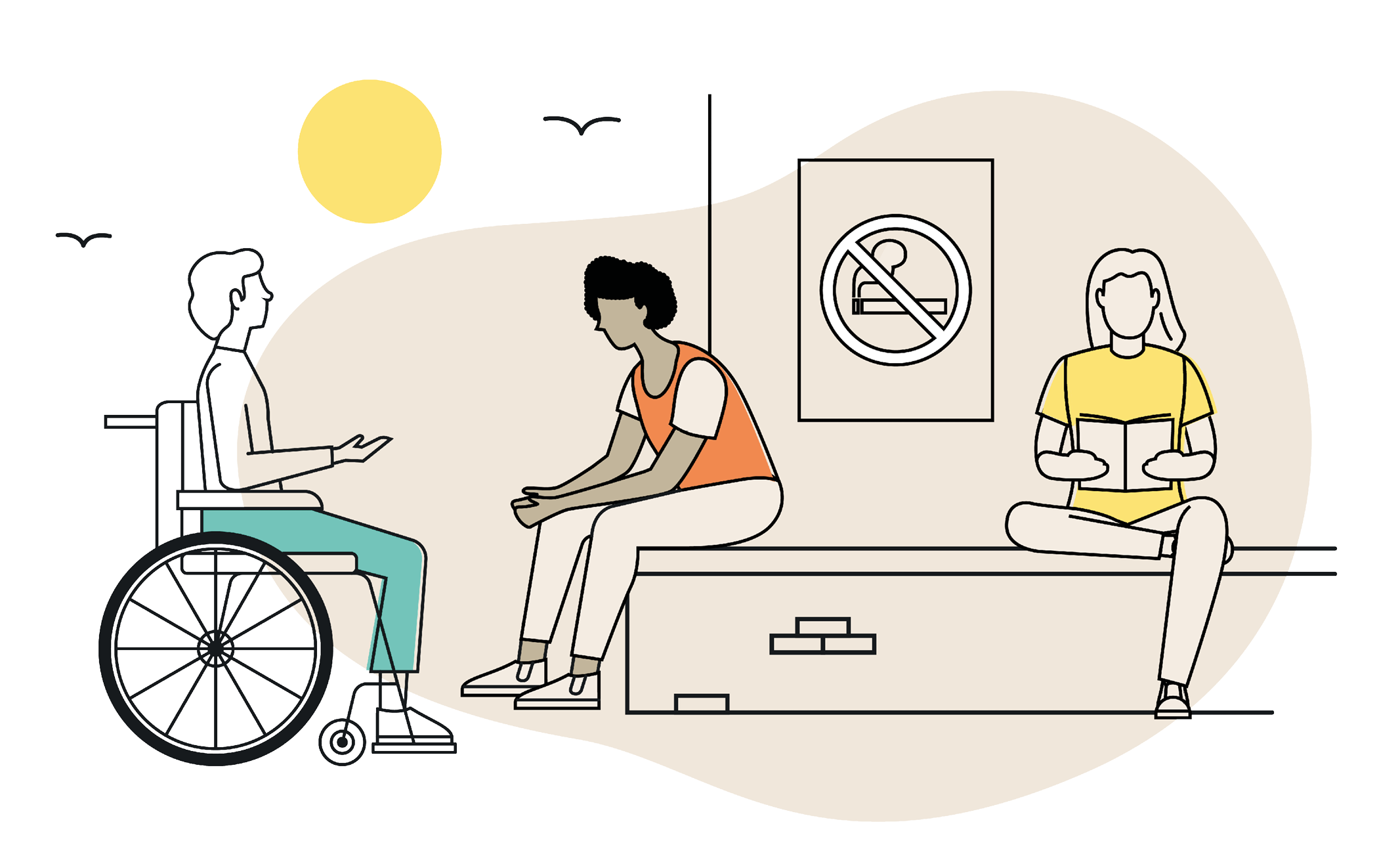 Illustration of 3 people sat outside next to a no smoking sign